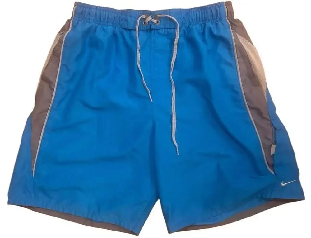 Nike Mens Lined Swim Trunks Blue Gray Running Shorts Pockets Drawstring Size L